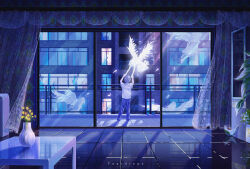  1boy 4girls absurdres angel angel_wings arms_up artist_name black_hair black_pants building cabinet child commentary_request curtains dated dress facing_away falling_feathers feathers flower flying from_behind glass_door highres holding_hands indoors legs_apart long_hair multiple_girls original pants plant potted_plant railing reflection shirt short_hair short_sleeves sliding_doors standing table teardrops_(user_vgvd7733) tile_floor tiles vase white_dress white_hair white_shirt white_wings window wings yellow_flower 