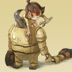  1girl :q ahoge armor arms_(game) bent_over bodysuit brown_hair commentary_request goggles headphones holding holding_wrench mechanica_(arms) mechanical_arms medium_hair polyacryla power_armor revolver_(arms) short_sleeves simple_background solo tongue tongue_out violet_eyes wrench 