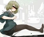  1girl bare_shoulders blush censor_bar censored collarbone covering_eyes idolmaster idolmaster_cinderella_girls legwear_under_shorts mole no_shoes pantyhose short_hair shorts solo takagaki_kaede youkan 