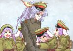  5girls animal_ears bow clone crying epaulettes glasses hair_bow hat long_hair military military_uniform multiple_girls namasomi peaked_cap pince-nez ponytail purple_hair rabbit_ears red_eyes reisen short_hair sleeve_tug tears touhou trench_coat uniform watatsuki_no_yorihime 