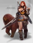  1girl armor belt boots breasts chainmail cleavage cleavage_cutout dog faulds fingerless_gloves gloves green_eyes large_breasts lips long_hair mole nose one_side_up original over_shoulder pauldrons plump realistic redhead single_thighhigh sword sword_over_shoulder taemin_park tattoo thigh-highs weapon weapon_over_shoulder 