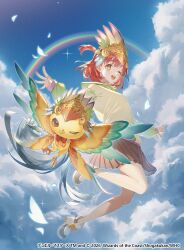  1girl 2026 bird black_shoes black_skirt blue_sky brown_hair clouds cloudy_sky copyright_notice creature duel_masters duel_masters_lost glowing glowing_petals green_hoodie hair_ornament hood hoodie katori_niika midair multicolored_hoodie multicolored_shoes official_art one_eye_closed one_side_up open_mouth petals purple_hoodie rainbow red_eyes shoes short_hair skirt sky smile sparkle teeth upper_teeth_only white_petals white_shoes yellow_hoodie yellow_shoes yunikon 