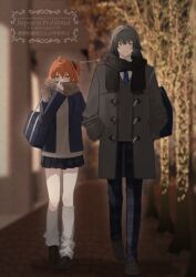  1boy 1girl alternate_costume bag black_scarf black_shoes black_skirt blue_eyes blue_jacket blue_necktie blue_pants blush brown_coat brown_scarf brown_shoes brown_vest christmas_lights coat commentary_request couple fate/grand_order fate_(series) frown fujimaru_ritsuka_(female) full_body grey_hair grey_leg_warmers grey_vest hair_ornament hair_scrunchie hand_in_pocket hetero highres holding_another's_arm jacket leg_warmers looking_to_the_side necktie oberon_(fate) orange_eyes orange_hair outdoors pants plaid_clothes plaid_pants plaid_scarf pleated_skirt romo827 scarf school_bag scrunchie shoes side_ponytail skirt twitter_username vest walking watermark 