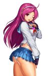  1girl ;p asamiya_athena ass fingerless_gloves gloves highres king_of_fighters long_hair midriff miniskirt panties purple_hair school_uniform serafuku skirt solo tongue turna98 underwear violet_eyes white_background wink 