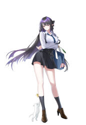  1girl :/ absurdres bag belt black_belt black_bow black_hair black_socks block_heels blue_bag blue_necktie bow breasts brown_shoes bug butterfly buttons cat closers collared_shirt crossed_arms diagonal-striped_clothes diagonal-striped_necktie double-breasted ear_piercing foxtail full_body hair_bow high-waist_skirt highres holding holding_plant kneehighs large_breasts legs_apart long_hair long_sleeves looking_at_animal looking_down miniskirt necktie piercing plant pointy_ears school_bag shirt shoes skirt socks solo standing striped_clothes suspender_skirt suspenders triss_(closers) very_long_hair violet_eyes wallet_chain white_background white_cat white_shirt yellow_butterfly 