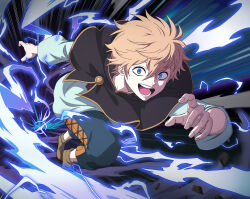  1boy absurdres black_capelet black_clover black_clover_m:_rise_of_the_wizard_king blonde_hair blue_eyes blue_pants blue_shirt boots brown_boots capelet electricity electrokinesis highres looking_at_viewer luck_voltia non-web_source official_art open_mouth pants shirt short_hair solo teeth 