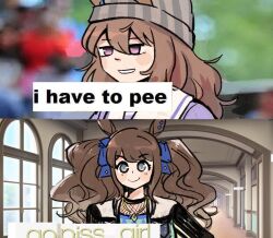  2girls animal_ears aqua_shirt argyle_clothes argyle_shirt beanie black_jacket black_shirt blue_bow blue_shirt blurry blurry_background blush_stickers bow brown_hair closed_mouth collared_jacket commentary day dot_nose ear_ornament ears_through_headwear english_commentary eyelashes fishnet_top fishnets game_screenshot_background gold_necklace grey_eyes grey_hat grin hair_between_eyes hair_bow hallway hand_on_own_hip happycricketbox hat highres horse_ears horse_girl indoors jacket jewelry jitome layered_shirt long_sleeves looking_ahead looking_at_viewer loose_hair_strand meme meme_request multiple_girls nakayama_festa_(umamusume) necklace photo_background sailor_collar school school_uniform screenshot_background screenshot_inset shirt smile swept_bangs tareme tosen_jordan_(jokester_vibes)_(umamusume) tosen_jordan_(umamusume) tracen_school_uniform twintails two-tone_shirt umamusume upper_body violet_eyes wavy_hair white_sailor_collar window 