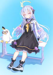  1girl arm_support azusa_(blue_archive) black_dress black_ribbon black_sailor_collar black_socks blue_archive blue_background blush closed_mouth commentary_request crescent_halo crossed_bangs dress dress_flower feathered_wings film_grain flower frilled_dress frilled_sailor_collar frills full_body hair_between_eyes hair_flower hair_ornament hair_ribbon halo highres leaning_back long_hair long_sleeves looking_at_viewer low_wings neckerchief on_bench open_clothes open_shirt peroro_(blue_archive) pink_flower purple_flower ribbon sailor_collar school_uniform serafuku shadow shirt shoes silisino simple_background sitting smile socks solo split_mouth stuffed_animal stuffed_toy tongue tongue_out very_long_hair violet_eyes white_hair white_shirt white_shoes white_wings wing_flower wings yellow_halo yellow_neckerchief 