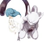  1girl ai2 blue_hair dress long_hair mewtwo nyora_(soredemosekai) pokemon pokemon_(anime) pokemon_(creature) tail white_dress 