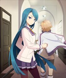  2girls aqua_hair arch bandaged_arm bandages black_pantyhose black_shorts blue_eyes blue_sailor_collar blue_skirt blunt_ends boots brown_jacket clenched_hand closed_mouth day door dot_nose facing_away from_side game_cg hallway hand_on_hilt hanging_light indoors jacket jacket_on_shoulders katana knee_boots long_hair long_sleeves looking_at_viewer multiple_girls necktie official_art orange_hair origami_family's_elite_guard_uniform pantyhose renpu_girls_school_uniform sailor_collar school_uniform shidou_maki_(toji_no_miko) short_hair shorts skirt spiky_hair sword third-party_source toji_no_miko toji_no_miko:_kizamishi_issen_no_tomoshibi very_long_hair walking watanuki_kazumi weapon white_boots white_jacket window yellow_necktie 