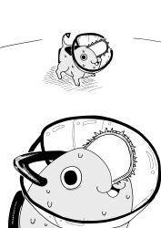  absurdres chainsaw_man commentary_request greyscale highres monochrome no_humans open_mouth pet_cone pochita_(chainsaw_man) rkun_pixiv solo sweat tail 