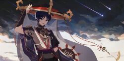  1boy arm_at_side armor black_bodysuit black_hair black_hat black_kimono black_mask black_sleeves blue_eyes blunt_ends bodysuit choppy_bangs clouds cloudy_sky commentary english_commentary furisode genshin_impact gold gold_trim grey_veil hat japanese_armor japanese_clothes jewelry jingasa juban kimono kote kurokote layered_sleeves looking_at_viewer lower_teeth_only male_focus mandarin_collar mask_on_hat mitsudomoe_(shape) neck_ring night o-ring open_clothes open_hand open_kimono open_mouth outdoors parted_bangs purple_rope purple_sash purple_sleeves red_hat red_kimono red_sash rope sash scaramouche_(genshin_impact) see-through_clothes see-through_veil shimenawa shooting_star short_sleeves single_sode sky solo star_(sky) starry_sky tassel teeth tomoe_(symbol) twitter_username two-tone_hat upper_body veil whisper_(suisuibingtang) white_kimono white_rope 