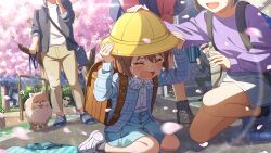  4boys 4girls ? aged_down animal backpack bag blue_skirt blush cherry_blossoms closed_eyes commentary_request crying day dog falling_petals game_cg hagiwara_yukiho hat idolmaster idolmaster_(classic) idolmaster_million_live! idolmaster_million_live!_theater_days long_sleeves multiple_boys multiple_girls official_art on_ground open_mouth outdoors petals school_hat sitting skirt solo_focus third-party_source yellow_hat 