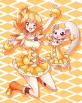  1girl blonde_hair boots bow brown_eyes choker creature cure_pine cure_pine_(cosplay) dress earrings ferret fresh_precure! hair_ornament heart jewelry magical_girl open_mouth precure short_hair smile sumiosmith tart_(fresh_precure!) yamabuki_inori 