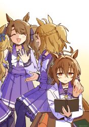  4girls agnes_tachyon_(umamusume) ahoge animal_ears blonde_hair blue_bow blush book bow bowtie braid breasts brown_hair closed_eyes closed_mouth commentary_request desk ear_bow earrings gold_city_(umamusume) hair_between_eyes half_up_braid half_up_half_down_braid highres holding holding_book holding_hands horse_ears horse_girl horse_tail huge_ahoge jewelry jungle_pocket_(umamusume) lab_coat long_hair long_sleeves mazu1kan multicolored_nails multiple_girls notched_ear open_mouth pencil_case pleated_skirt purple_sailor_collar purple_serafuku purple_shirt purple_skirt purple_thighhighs reading red_eyes sailor_collar sailor_shirt school_desk school_uniform serafuku shirt single_earring skirt smile tail thigh-highs tosen_jordan_(umamusume) tracen_school_uniform twintails umamusume white_bow white_bowtie 