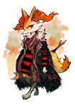  barefoot braixen fashion fur_coat highres no_humans pokemon pokemon_(creature) pokemon_(game) pokemon_xy red_eyes scarf shizuku_(asanuma) smile snout solo stick striped sweater 