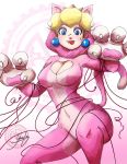  1girl :p animal_costume blonde_hair blue_eyes breasts claws cleavage cleavage_cutout crown earrings jay_phenrix jewelry paws princess_peach solo super_mario_bros. tongue yarn 