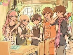  1girl 4boys antenna_hair apron aubrey_(faraway)_(omori) aubrey_(omori) basil_(faraway)_(omori) basil_(omori) black_eyes black_hair black_sweater_vest blonde_hair blue_eyes blue_hairband blue_skirt blush bright_pupils brothers brown_hair cake closed_eyes collared_shirt commentary_request dark-skinned_male dark_skin denim denim_skirt double-parted_bangs flower food green_sweater_vest grin hair_between_eyes hair_flower hair_ornament hairband hero_(faraway)_(omori) hero_(omori) highres holding holding_party_popper holding_plate indoors jacket kel_(faraway)_(omori) kel_(omori) kitchen long_hair multiple_boys omori one_eye_closed open_mouth party_popper pink_apron pink_hair plate salt_xs2 shirt short-sleeved_jacket short_hair short_sleeves siblings sidelocks sketch skirt smile sunny_(omori) sweater_vest teeth unfinished upper_teeth_only white_jacket white_pupils white_shirt 