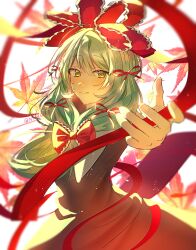  1girl bow collared_dress dress frilled_ribbon frills front_ponytail green_eyes green_hair hashtag-only_commentary highres kagiyama_hina leaf maple_leaf moeg_1 red_bow red_ribbon ribbon smile solo touhou twitter_username 