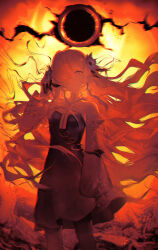  1girl absurdres cassette_player commentary_request dress expressionless floating_hair flower hair_flower hair_ornament hair_over_one_eye heterochromia highres isekaijoucho juejianyami kamitsubaki_studio long_hair looking_at_viewer netsu_ijou_(utau) orange_theme pantyhose solo surreal very_long_hair 