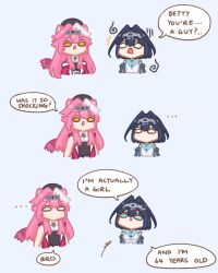  adapted_costume animal_ears beret blue_eyes bow brooch commentary english_commentary gloom_(expression) goggles goggles_on_head hair_intakes hairband hat highres hololive hololive_english jacket jewelry long_hair multicolored_hair ouro_kronii ouro_kronii_(1st_costume) panther_ears panther_girl panther_tail pink_hair raora_panthera raora_panthera_(1st_costume) sappysque short_hair sleeveless streaked_hair tail virtual_youtuber white_hair yellow_eyes 