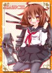  anchor black_legwear blush brown_eyes brown_hair cannon character_name fang hair_ornament hairclip ikazuchi_(kantai_collection) kantai_collection kneeling long_sleeves open_mouth pantyhose personification rika-tan_(artist) school_uniform serafuku short_hair skirt smile turret 