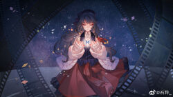  1girl beret black_hair black_hat blue_butterfly blue_vest bow braid bug butterfly cardigan center-flap_bangs center_frills chinese_commentary collared_shirt commentary_request commission confetti cowboy_shot cupping_hands facing_viewer film_strip frilled_skirt frills hair_ribbon half-closed_eye hat heroine_(lovebrush_chronicles) highres lapels light_particles long_hair long_sleeves looking_at_animal lovebrush_chronicles medium_skirt notched_lapels open_cardigan open_clothes own_hands_together parted_lips pinstripe_pattern pinstripe_vest red_bow red_ribbon red_skirt ribbon ripples shiling shirt side_braid skirt sky sleeves_past_wrists solo standing star_(sky) starry_sky straight-on vest violet_eyes waist_bow water watermark wavy_hair weibo_watermark white_cardigan white_shirt 