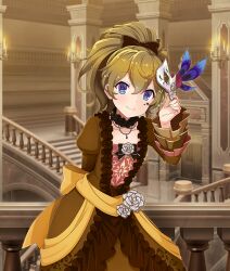  1girl arm_behind_back banister black_bow black_bowtie black_garter blue_eyes blue_feathers bow bow_flower bowtie brown_dress brown_hair candelabra candlestand closed_mouth collarbone door dot_nose double-parted_bangs dress dress_flower eye_mask feathers flower frilled_garter game_cg hair_bow holding holding_mask indoors jewelry kagami_mimi_(toji_no_miko) looking_at_viewer marking_on_cheek mask masquerade_mask neck_garter necklace official_art ponytail rose short_hair sidelocks smile solo stairs star_(symbol) third-party_source toji_no_miko toji_no_miko:_kizamishi_issen_no_tomoshibi unworn_mask white_flower white_mask white_rose 