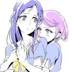  2girls blue_hair bust couple dokidoki!_precure hishikawa_rikka hug hug_from_behind kenzaki_makoto long_hair multiple_girls negom precure purple_hair school_uniform short_hair simple_background sketch white_background yuri 