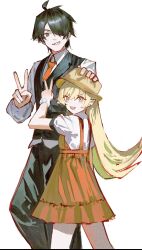  1boy 1girl ahoge araragi_koyomi black_eyes black_hair black_pants black_vest blonde_hair collared_shirt commentary_request dress fang feet_out_of_frame hair_between_eyes hair_over_one_eye hand_on_another's_head hand_up hat highres long_hair long_sleeves lunifish monogatari_(series) necktie open_mouth orange_dress orange_necktie oshino_shinobu pants shirt short_hair short_sleeves simple_background skin_fang smile teeth v vest white_background white_shirt yellow_eyes yellow_hat 