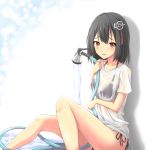  1girl black_hair haguro_(kantai_collection) hair_ornament hairclip kantai_collection personification pochita red_eyes see-through short_hair shower_head wet wet_clothes wet_shirt wet_t-shirt 