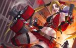  1girl backpack bag batman_(series) bell_choker belt black_panties blonde_hair boots bracelet breasts corset cosplay dc_comics dual_wielding elbow_gloves explosion eyeliner eyeshadow facepaint fingerless_gloves fishnet_legwear fishnets fringe gatling_gun gloves gun hair_ribbon harley_quinn harley_quinn_(cosplay) jewelry jinx_(league_of_legends) kuma_x league_of_legends lipstick long_hair lowleg_skirt makeup microskirt midriff nail_polish navel pale_skin panties pinky_out pistol ribbon sideboob skirt small_breasts smile solo_focus spiked_bracelet spikes thigh_boots thighhighs twintails underwear violet_eyes weapon 