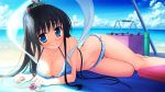  1girl bangs bare_legs bare_shoulders barefoot beach bikini blue_bikini blue_eyes breasts character_request cleavage collarbone hair_ornament highres large_breasts long_hair lying magical_marriage_lunatics!! navel o-ring_bottom on_side ponytail smile solo swimsuit thigh_gap wet 