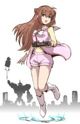  1girl black_eyes boots border brown_hair controller eyed_silhouette floating gigantic_drive hair_between_eyes half_updo highres holding holding_controller jacket long_hair mecha open_clothes open_jacket open_mouth pink_jacket pink_shorts robot rocket_punch satomura_kyou shirt short_shorts shorts silhouette skyline standing super_robot teeth tsukioka_yui_(gigantic_drive) upper_teeth_only vertical_fortress_vavel white_boots white_border yellow_shirt 