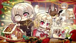  4girls artist_request bell blonde_hair brown_eyes brown_hair candy candy_cane character_request chibi christmas_ornaments christmas_stocking christmas_tree closed_mouth commentary_request copyright_notice drawing_(object) dress food fork fur-trimmed_headwear fur_trim grey_hair hat holding holding_magnifying_glass holding_paper holding_pencil holding_smoking_pipe magnifying_glass multiple_girls musical_note paper pencil pink_eyes pointy_ears red_dress red_hat santa_hat shovel silver_and_blood smoking_pipe snowman star_(symbol) unworn_hat unworn_headwear 