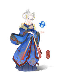  1girl absurdres alternate_hair_color ball blue_eyes blue_hanfu blue_skirt braid braided_hair_rings character_name chinese_clothes chinese_commentary closed_mouth commentary_request dot_nose double_bun expressionless flickering_youth_(shining_nikki) floral_print flower forehead full_body hair_bun hair_flower hair_ornament hair_rings hair_tubes hairclip hand_on_lap hanfu highres lipstick long_skirt long_sleeves makeup nikki_(series) object_floating_above_hand official_alternate_color outstretched_hand pink_lips pleated_skirt shadow shenqi_tuoxie_zai_nali shining_nikki short_hair simple_background skirt solo standing striped_clothes striped_skirt tassel vertical-striped_clothes vertical-striped_skirt white_background white_hair wide_sleeves yellow_flower 
