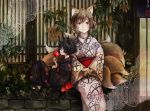  2girls alternate_costume black_hair blonde_hair brown_eyes candy_apple cat_tail chen commentary_request floral_print fox_mask fox_tail japanese_clothes kimono long_sleeves mask mi-so multiple_girls multiple_tails obi sash sitting smile tail touhou wide_sleeves yakumo_ran yukata 