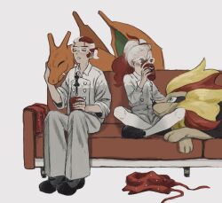  1boy 1girl black_shoes blue_eyes bow bowtie charizard closed_eyes commentary_request couch cowlick drinking glasses gradient_hair grey_pants griselle_(pokemon) grisham_(pokemon) hair_pulled_back highres indian_style loafers multicolored_hair on_couch pants parted_lips pokemon pokemon_(creature) pokemon_legends:_z-a pyroar pyroar_(male) red_hair shoes sitting split_ponytail tnk_free_(onenneshitero) two-tone_hair undone_bowtie wavy_hair white_hair 