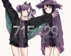  2girls :3 :o black_hair black_jacket closed_mouth commentary_request cosplay head_tilt highres jacket long_shirt long_sleeves looking_at_another looking_at_viewer mismagius mismagius_(cosplay) multiple_girls noivern noivern_(cosplay) open_clothes open_jacket parted_lips pixel_text pokemon purple_jacket purple_shirt shirokane_rinko shirt simple_background sleeves_past_fingers sleeves_past_wrists udagawa_ako v-shaped_eyebrows violet_eyes white_background yukitake_(bullfalk) 