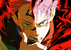  2boys 333takoyaki absurdres black_flash_(jujutsu_kaisen) brown_eyes commentary_request dual_persona facial_mark highres itadori_yuuji jujutsu_kaisen male_focus multiple_boys pink_hair possessed ryoumen_sukuna_(jujutsu_kaisen) spiky_hair 