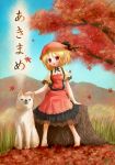  1girl aki_minoriko arinu autumn barefoot blonde_hair cover cover_page dog hat highres leaf maple_leaf red_eyes touhou 