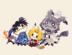 3boys alchemy alphonse_elric alphonse_elric_(cosplay) amestris_military_uniform armor black_hair blonde_hair braid braided_ponytail brothers coat cosplay edward_elric edward_elric_(cosplay) full_armor fullmetal_alchemist highres jacket living_armor mechanical_arms military military_jacket military_uniform mimikyu multiple_boys pokemon red_coat roy_mustang roy_mustang_(cosplay) shoulder_spikes siblings single_mechanical_arm spiked_helmet spikes white_background xue_ezi 