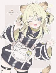  1girl ;d absurdres animal_ears apron artist_name blue_eyes blush border commentary commission cowboy_shot crossed_bangs fangs frilled_apron frills grey_background grey_border hands_up hashtag-only_commentary heart heart_o-ring highres hood hood_down hooded_jacket jacket jersey_maid lion_ears lion_girl lion_tail long_sleeves looking_at_viewer maid maid_headdress mamiro noripro o-ring o-ring_thigh_strap one_eye_closed open_mouth outline outside_border regrush_lionheart simple_background skeb_commission smile solo tail thigh_strap track_jacket unconventional_maid white_apron white_outline wide_sleeves 