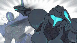  1boy 1girl arm_cannon artist_name assault_visor commentary dark_samus hand_on_own_head helmet highres meme metroid naoya_hitting_choso_without_looking_(meme) neon_lights punching rapid_punches shoulder_spikes simple_background spikes sylux_(metroid) symbol-only_commentary wakaba_(wata_ridley) weapon 