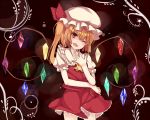  1girl :d blonde_hair flandre_scarlet hat hat_ribbon looking_at_viewer makai_penguin open_mouth red_eyes ribbon smile solo touhou 
