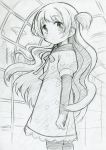  1girl blush dress graphite_(medium) long_hair mahou_shoujo_madoka_magica mahou_shoujo_madoka_magica_movie momoe_nagisa monochrome pantyhose polka_dot solo takeshisu traditional_media two_side_up 