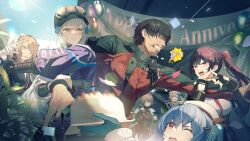  1boy 6+girls ;o anniversary arguing black_gloves black_hair black_hat blonde_hair blue_bow blue_eyes blue_hair bow cake centaureissi_(girls'_frontline_2) clenched_teeth colphne_(girls'_frontline_2) commander_(girls'_frontline) cross english_commentary facepaint fingerless_gloves food frown g36_(girls'_frontline) girls'_frontline_2:_exilium girls_frontline gloves groza_(girls'_frontline_2) hair_between_eyes hair_bow hair_ornament hair_ribbon hairclip hand_up hands_up hat highres hk416_(girls'_frontline) holding holding_another's_arm holding_cake holding_food iron_cross jacket jealous klukai_(girls'_frontline_2) long_hair maid_headdress makiatto_(girls'_frontline_2) medium_hair multicolored_jacket multiple_girls niac one_eye_closed orange_eyes ots-14_(girls'_frontline) ponytail pulling_arm purple_hair purple_jacket red_eyes red_ribbon ribbon teardrop teeth twintails two-tone_jacket upper_body vepley_(girls'_frontline_2) very_long_hair wa2000_(girls'_frontline) white_gloves white_hair 