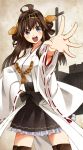  1girl ahoge blue_eyes blush brown_hair detached_sleeves hairband hand_on_hip headgear japanese_clothes kantai_collection kdkr kongou_(kantai_collection) long_hair looking_at_viewer open_mouth personification skirt solo thighhighs wide_sleeves 