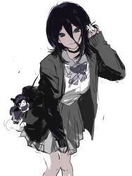  1girl bag bag_charm black_choker breasts cardigan chainsaw_man character_charm charm_(object) choker closed_mouth commentary_request cowboy_shot flower green_eyes grenade_pin grey_cardigan grey_skirt hair_between_eyes hair_flower hair_ornament highres kuromi light_blush medium_breasts medium_hair neck_ribbon pleated_skirt purple_hair purple_ribbon reze_(chainsaw_man) ribbon shirt shoulder_bag shuishuisama sketch skirt smile solo white_background white_flower white_shirt 