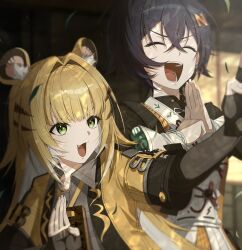  :d absurdres animal_ears bead_bracelet beads belle_(delicate_sunlight)_(zenless_zone_zero) belle_(zenless_zone_zero) black_hair blonde_hair bracelet chinese_clothes closed_eyes collared_shirt colored_inner_hair commentary fang fingernails green_eyes grey_shirt hair_between_eyes hair_ornament highres hosun jacket jewelry ju_fufu letter_hair_ornament long_hair long_sleeves multicolored_hair necklace open_mouth own_hands_together shirt short_hair smile tiger_ears tiger_girl white_hair yellow_jacket zenless_zone_zero 